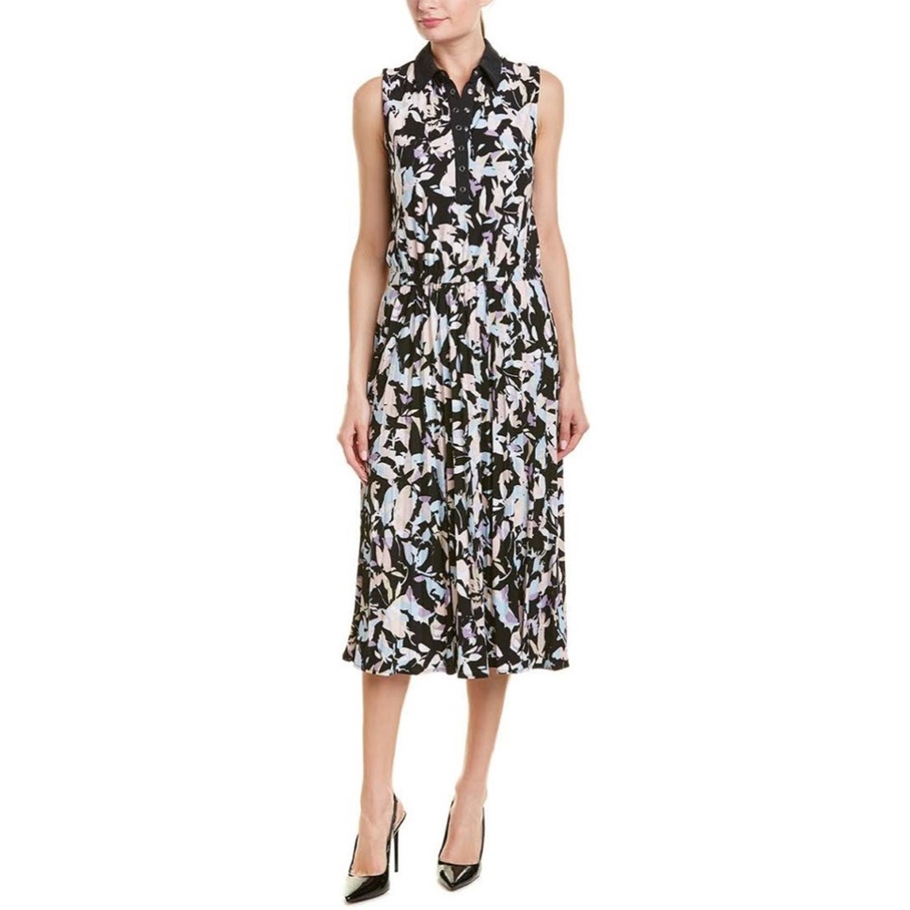 DONNA KARAN SNAP BUTTON FLORAL SLEEVELESS MIDI DRESS IN BLACK/ PINK SIZE LARGE